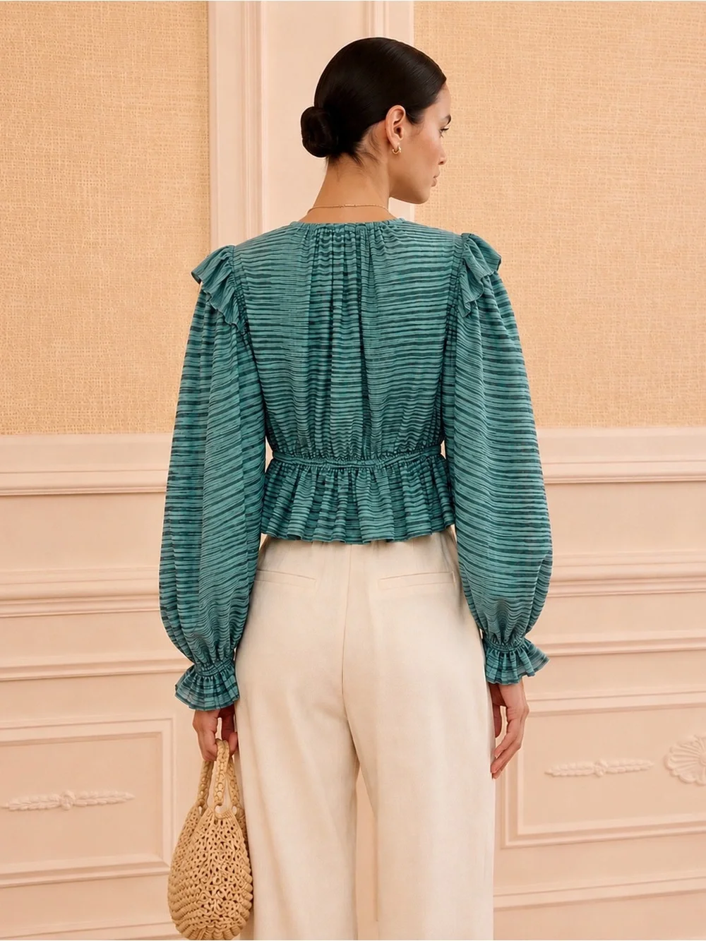 Ulla Johnson Ophelia Teal Striped Cotton Peplum Blouse Size 12